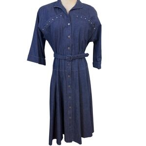 vtg 70s Willi of California Denim Dress sz 10 Blue‎ Studded Midi western cowgirl